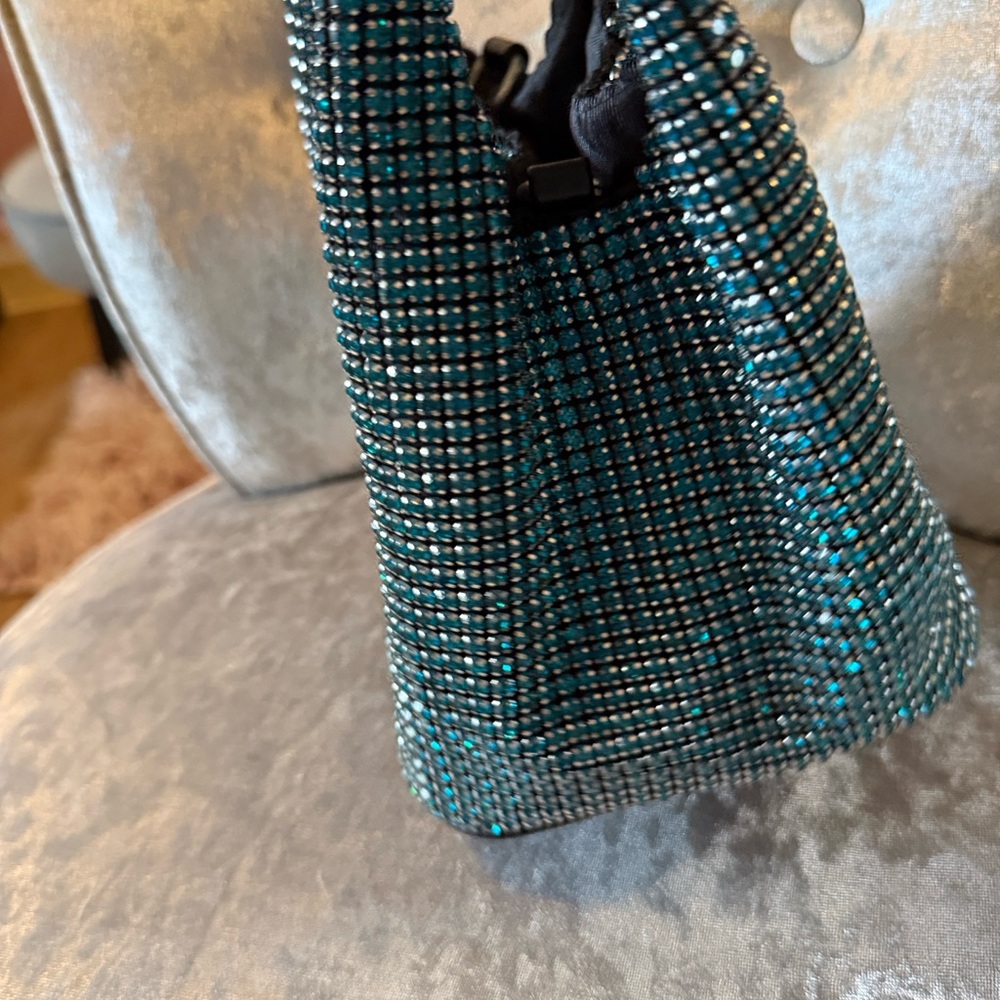 Bloomingdale’s Aqua Blue and Silver Mesh Clutch